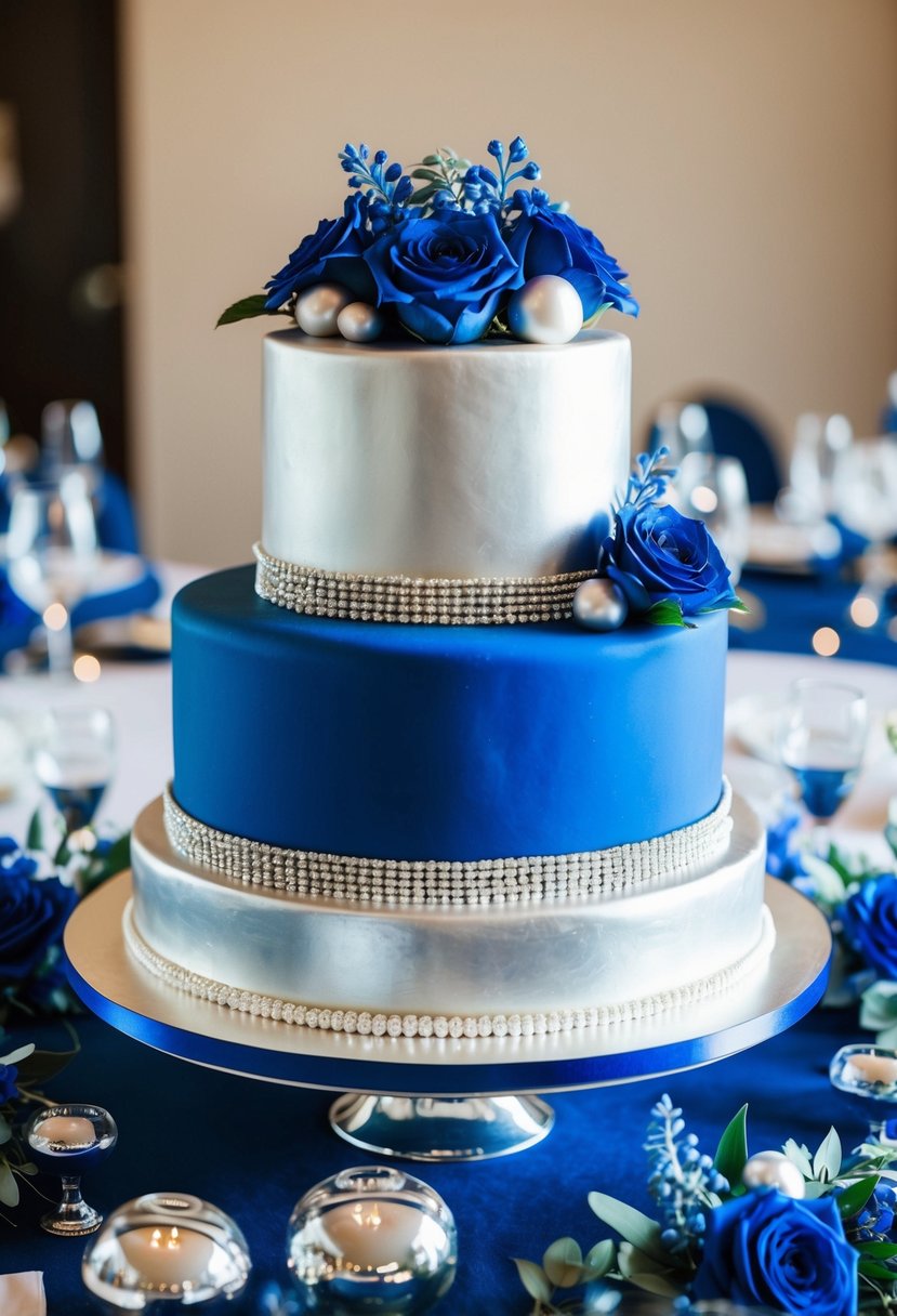 A royal blue wedding cake with silver accents sits on a table adorned with blue and silver floral arrangements