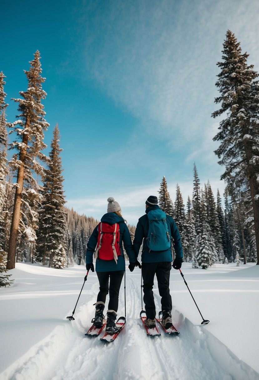 A couple snowshoeing through a snowy forest with tall trees and a clear blue sky overhead