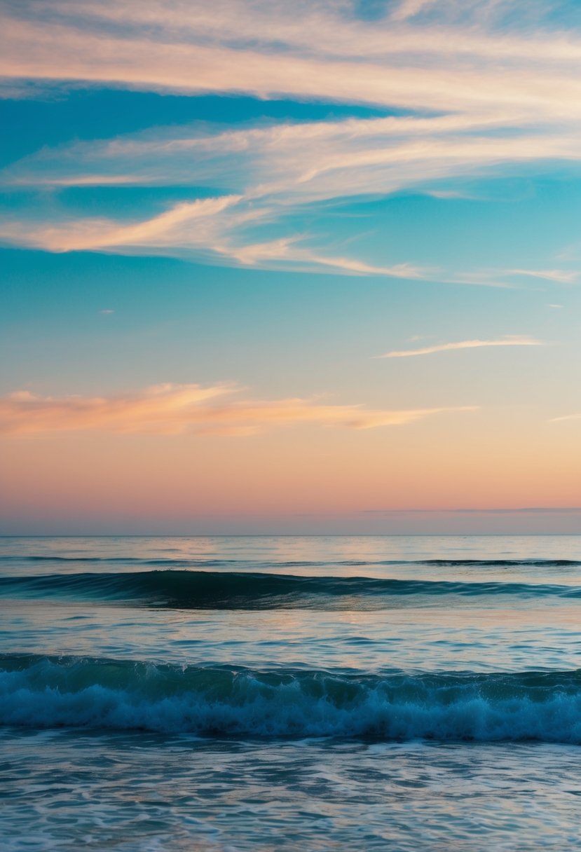 A serene beach at sunset, with the sky painted in shades of classic blue and peach, as the waves gently kiss the shore