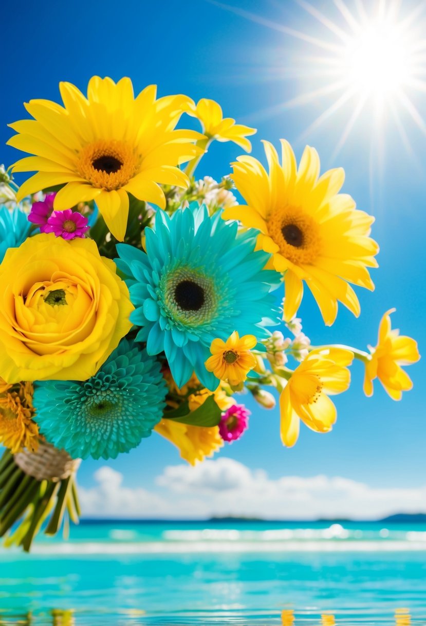 A turquoise and yellow beach wedding with sun shining over the water, colorful flowers, and a bright blue sky