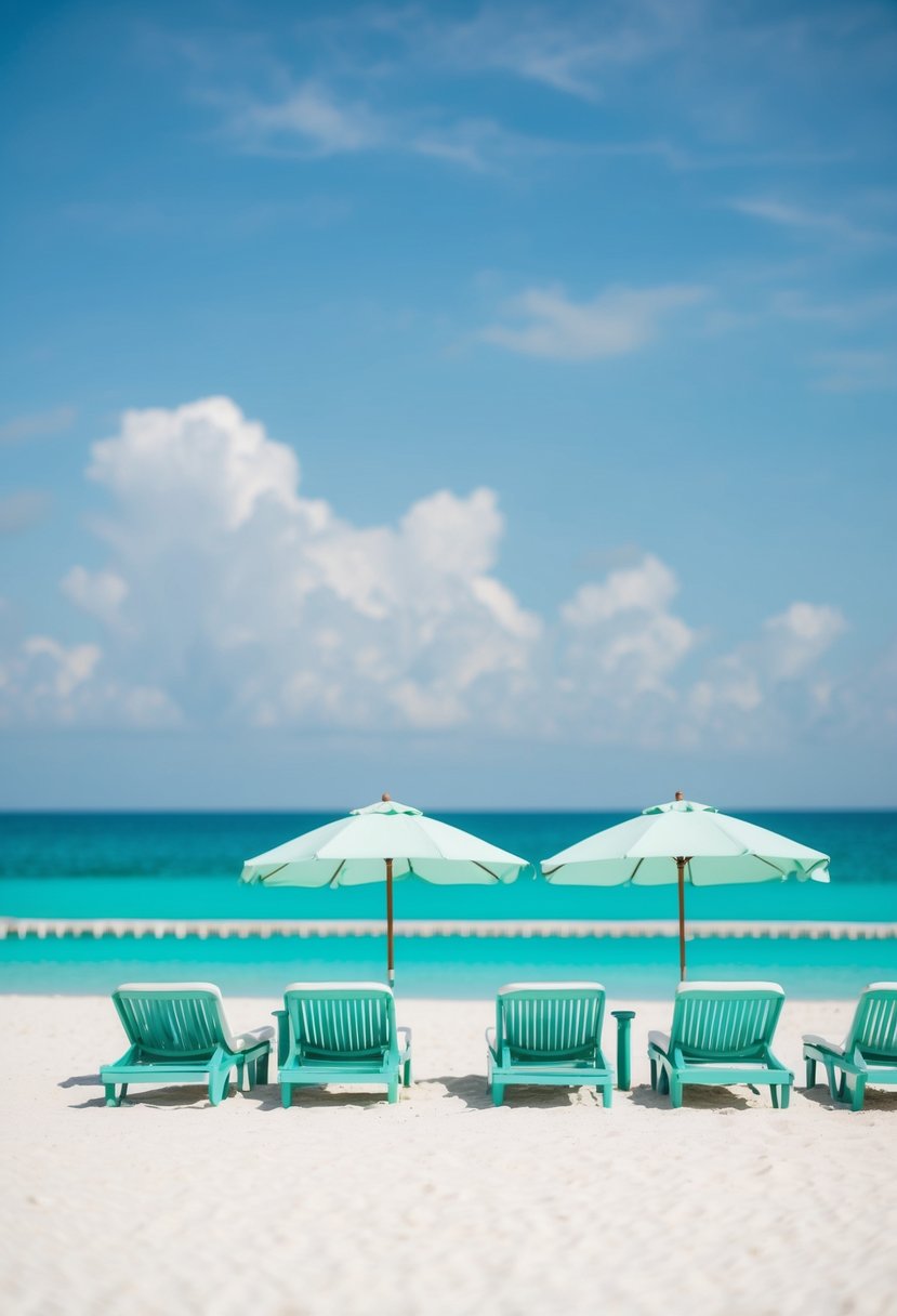 A serene beach scene with clear blue waters and mint green accents in the form of beach umbrellas and lounge chairs