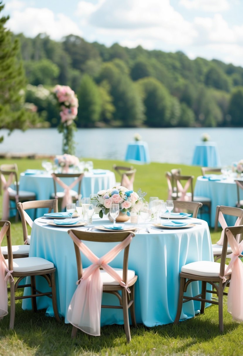 A serene lakeside wedding with powder blue tablecloths, soft pink floral arrangements, and delicate blue and pink accents throughout the decor