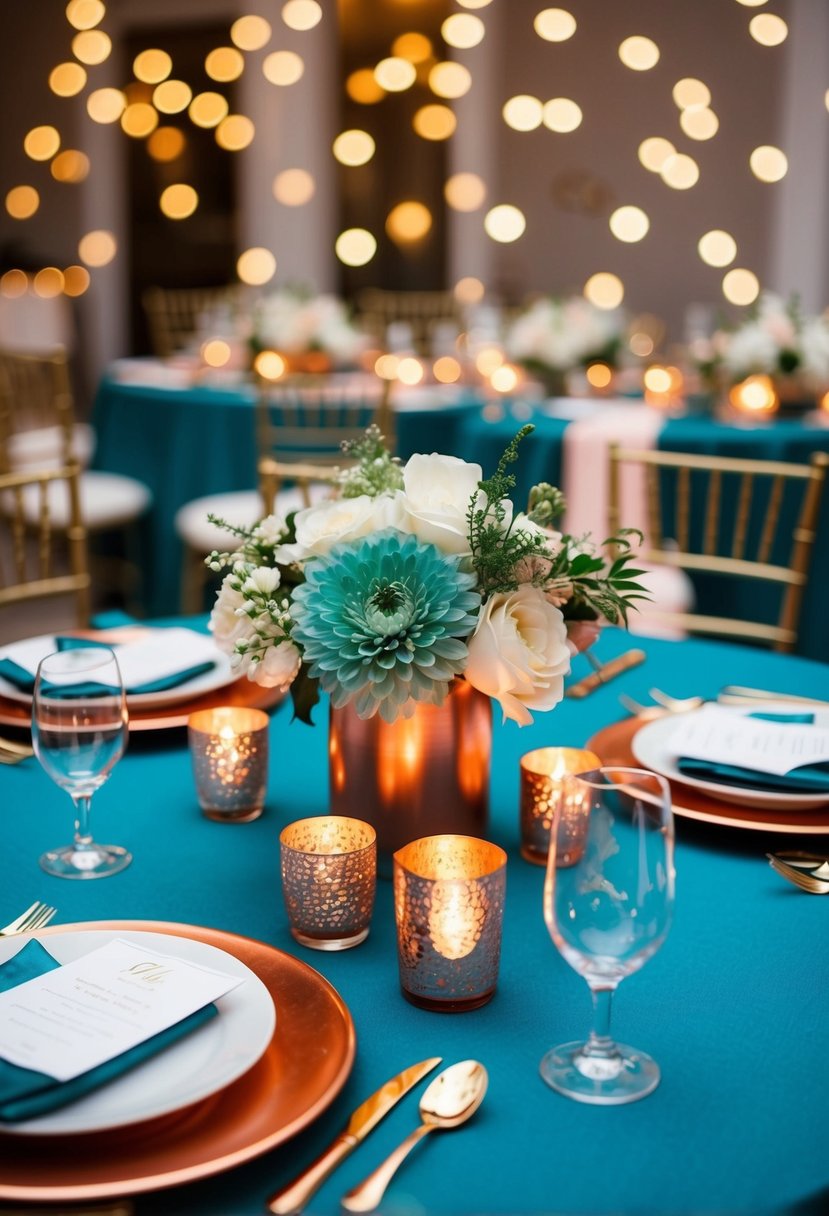 A teal and copper wedding table setting with elegant floral centerpieces and shimmering candlelight