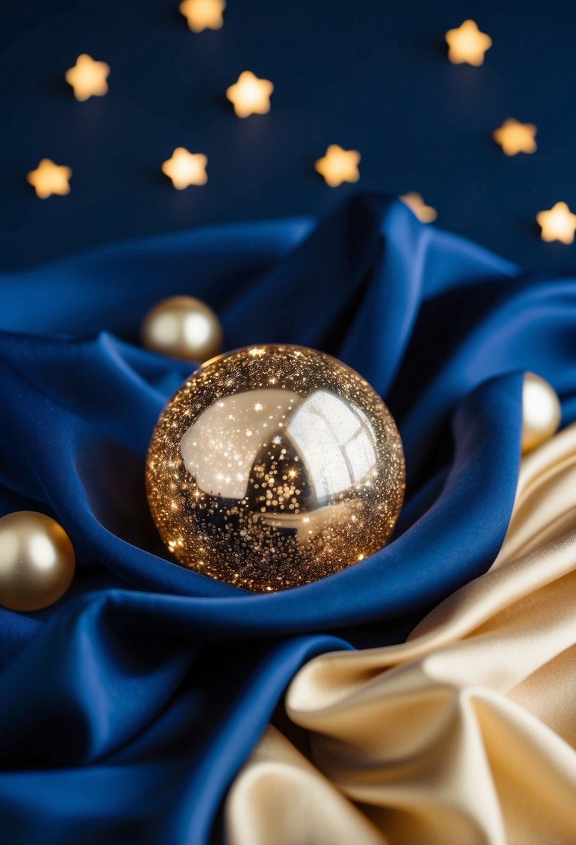 A midnight blue and champagne sparkler palette with twinkling stars and flowing fabric