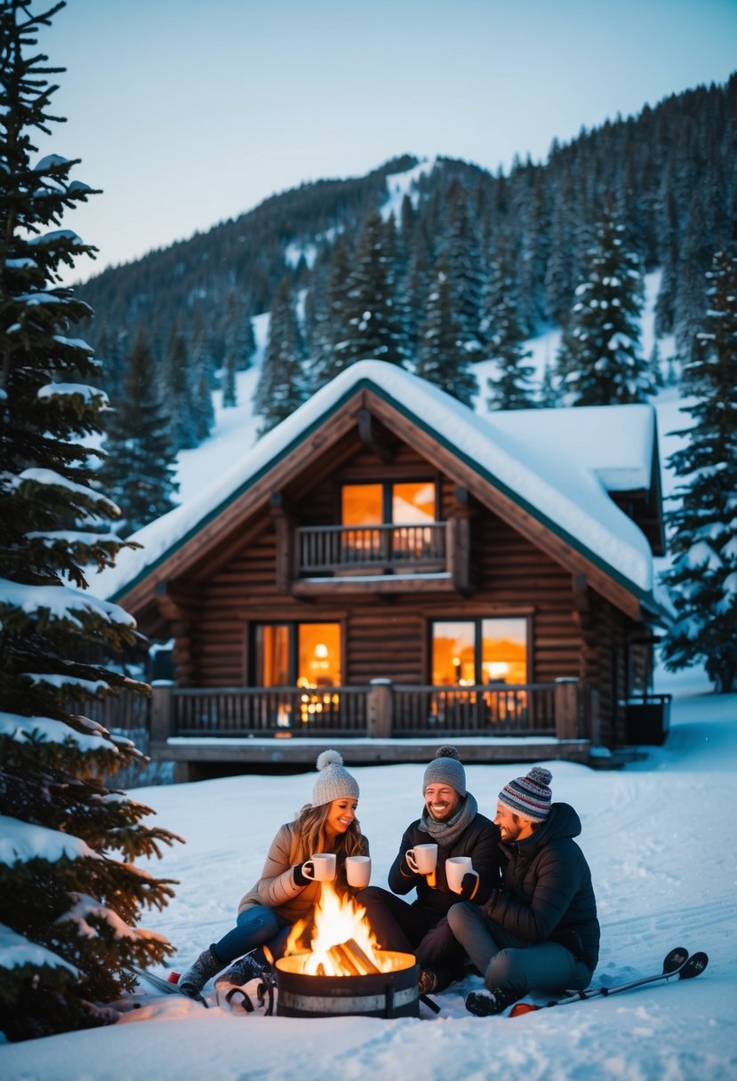 A cozy mountain cabin nestled among snow-covered pine trees, with a couple enjoying a crackling fire and hot cocoa after a day of skiing