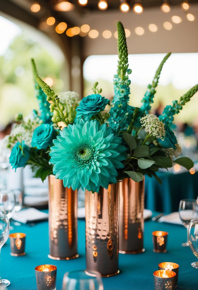 Teal flowers arranged in copper vases for a wedding centerpiece