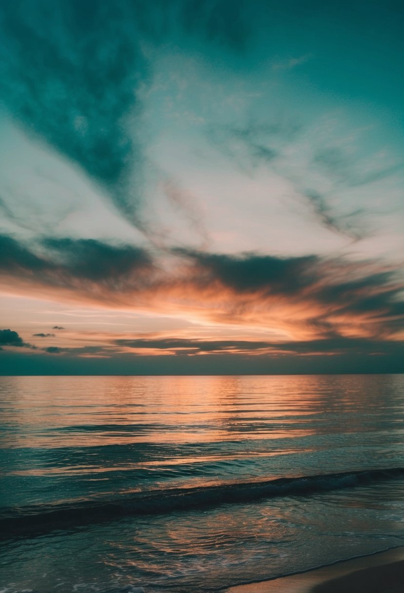 A serene beach at sunset, with teal and rustic orange hues blending in the sky and reflecting on the calm waters