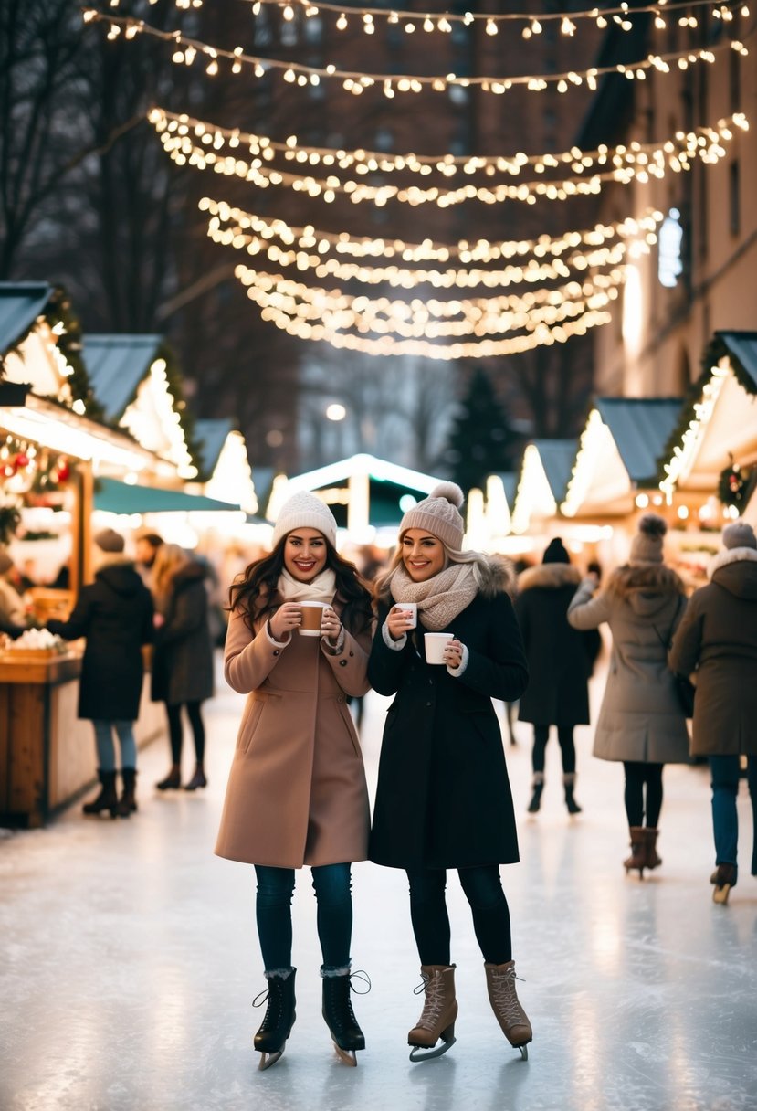 A cozy winter market with twinkling lights, couples skating on an ice rink, sipping hot cocoa, and browsing festive stalls