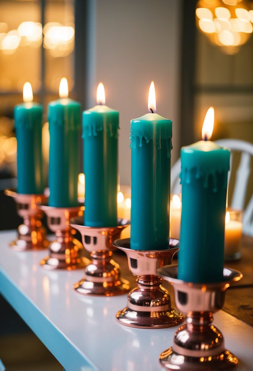 Teal candles in copper holders arranged on a table