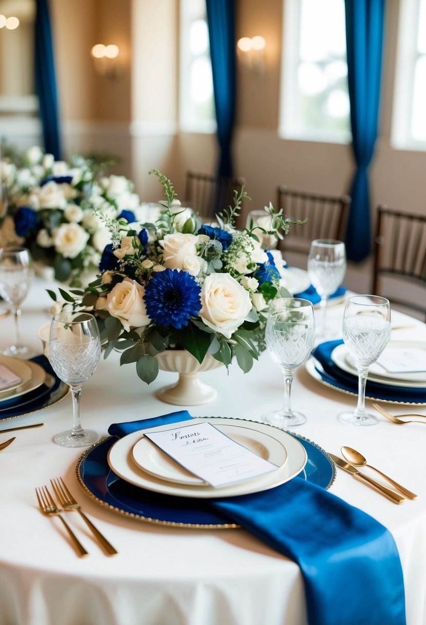 A sapphire blue and ivory wedding table setting with floral centerpieces and elegant place settings