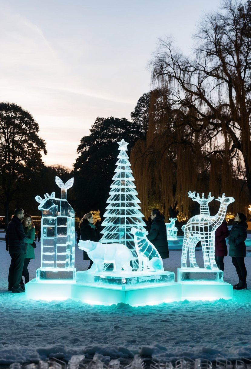 A serene park setting with illuminated ice sculptures of animals, trees, and geometric shapes, surrounded by couples admiring the intricate designs