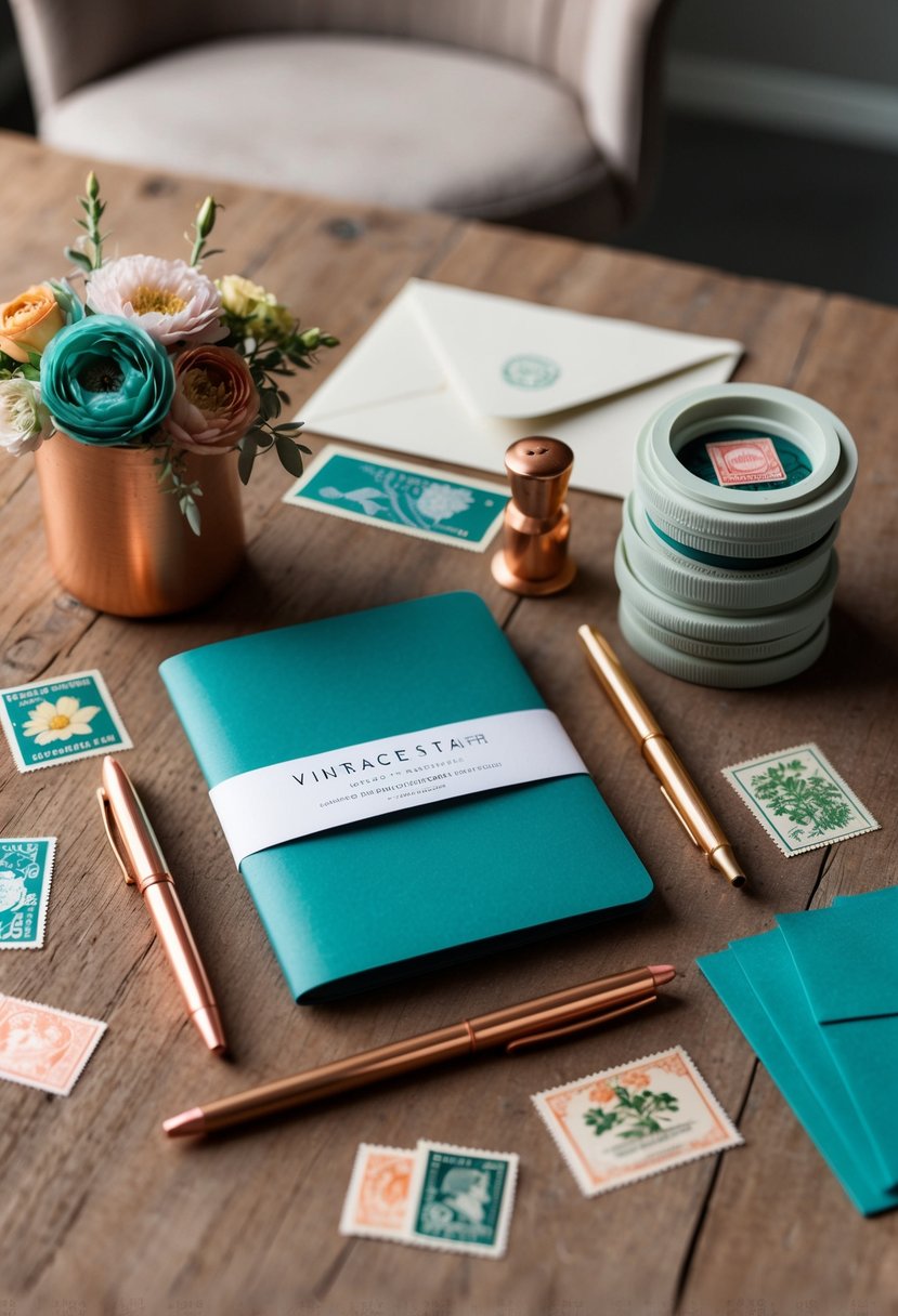 Teal and copper stationery arranged on a rustic wooden table with floral accents and vintage stamps