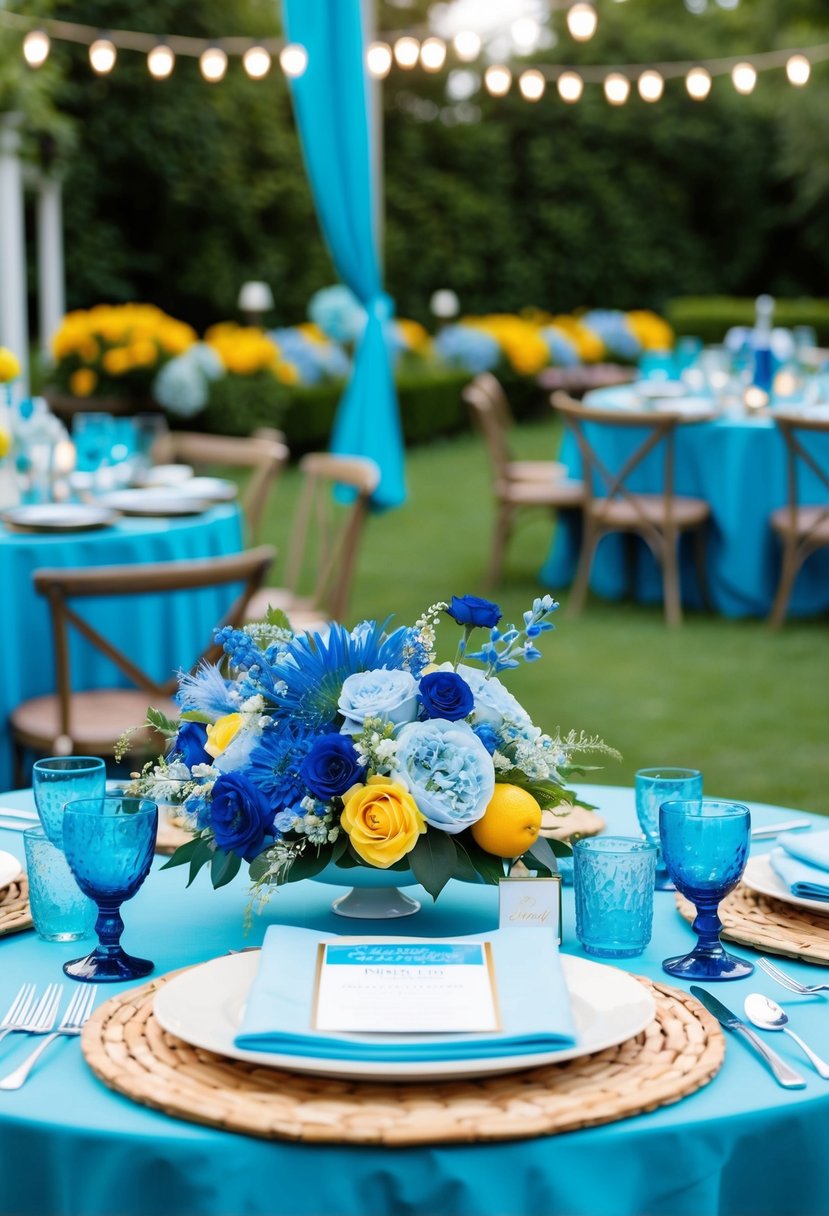 A periwinkle blue and citrus pop blue wedding theme with floral arrangements and table settings in a garden setting