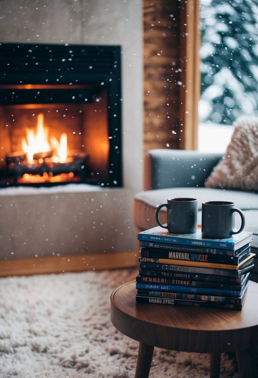 A cozy living room with a crackling fireplace, a stack of movies, and two empty mugs on a side table. Outside, snow falls softly, creating a winter wonderland