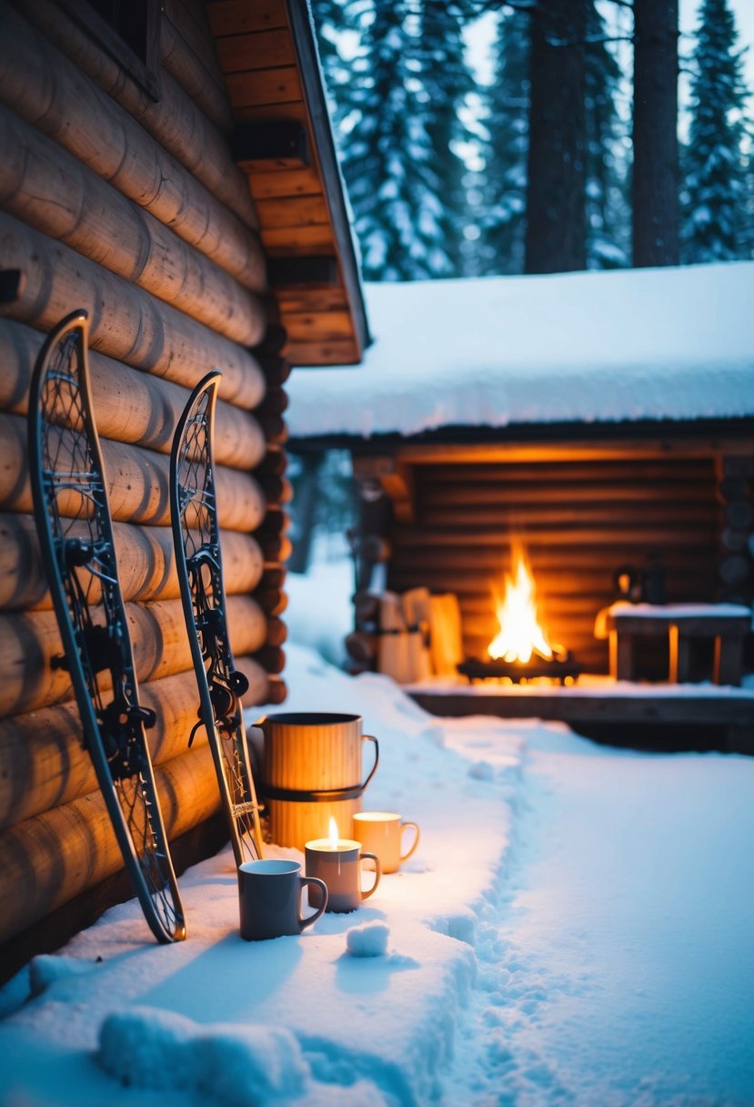 A cozy cabin nestled in a snowy forest, with a crackling fire, mugs of hot cocoa, and a pair of snowshoes leaning against the wall