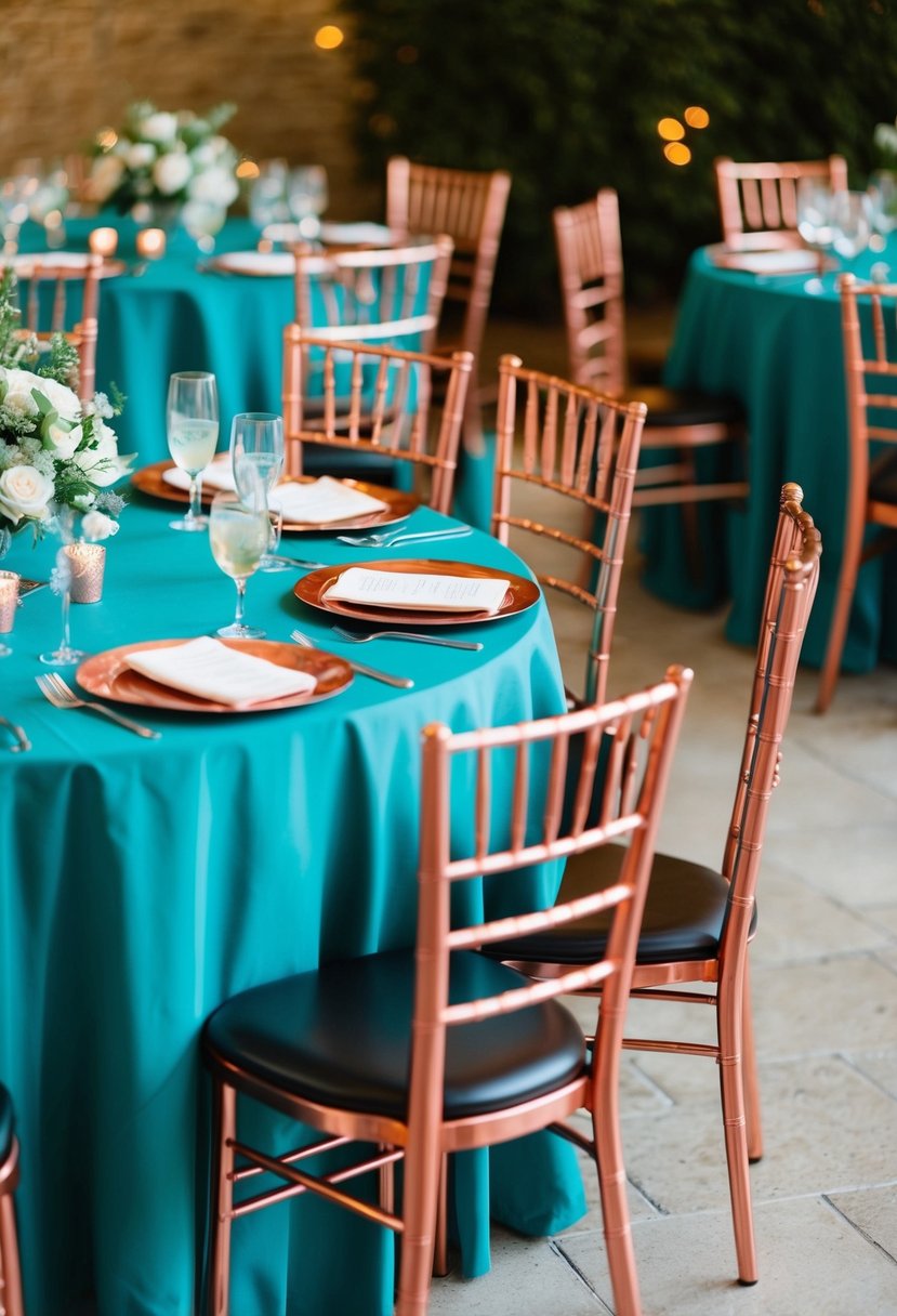 Teal tablecloths adorn copper chairs in a wedding setting