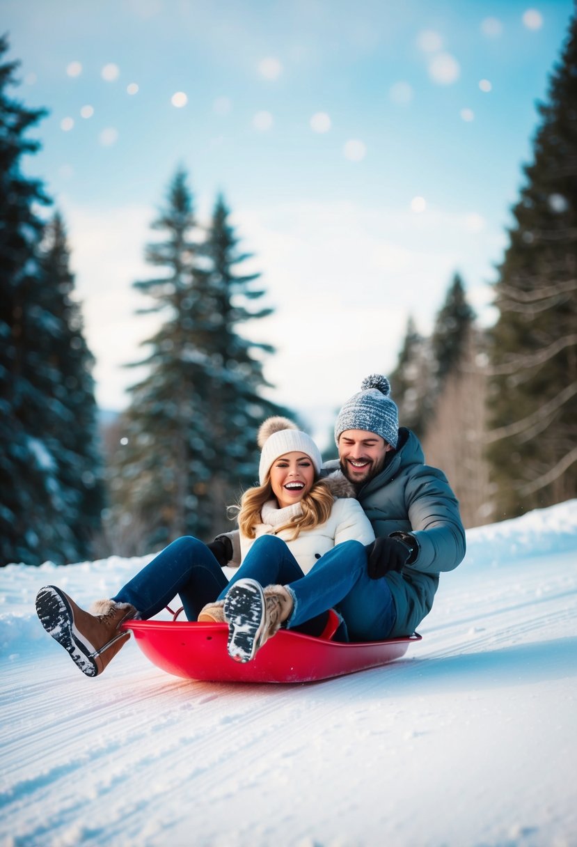 A couple sleds down a snowy hill, laughing and holding on tight as they enjoy a winter date together