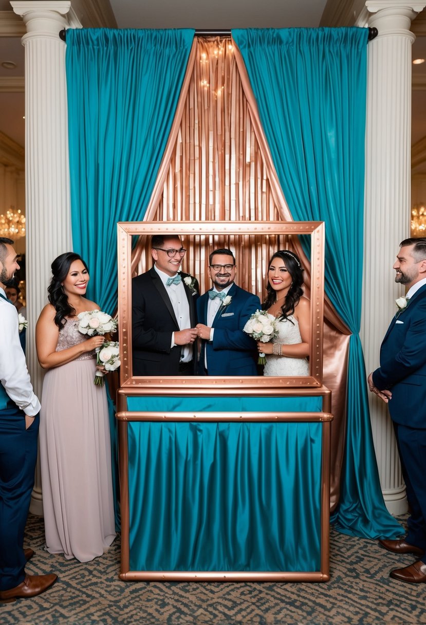 A teal and copper photo booth with elegant draping and twinkling lights. Copper frames and teal accents adorn the backdrop, inviting wedding guests to capture memorable moments