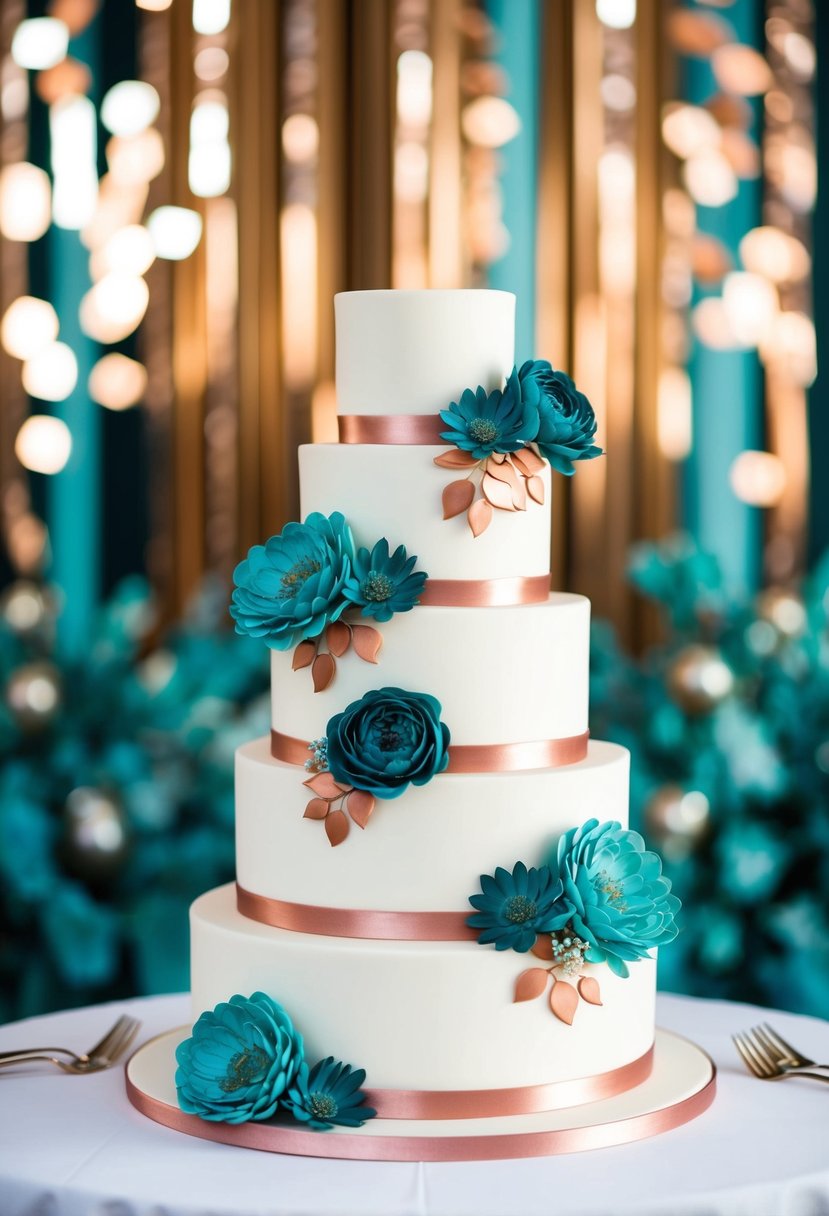 A three-tiered wedding cake adorned with teal and copper floral decorations, set against a backdrop of elegant teal and copper accents