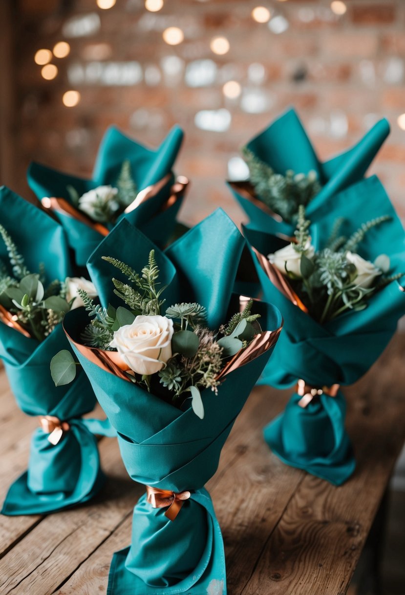 Bouquets wrapped in teal fabric with copper accents arranged on a rustic wooden table