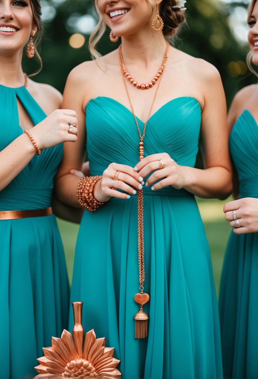 Teal dresses, copper jewelry, and accents in a wedding setting