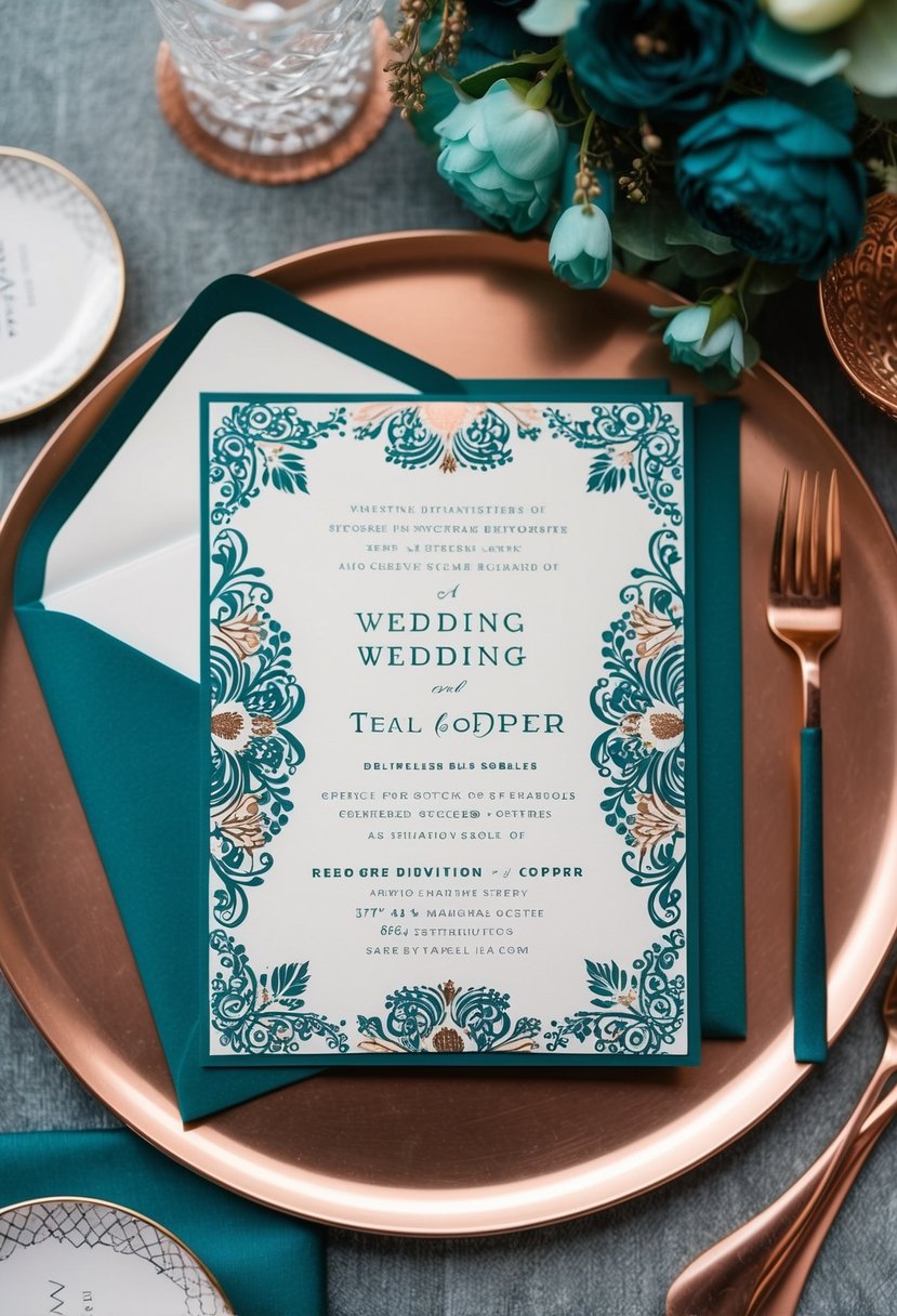 A wedding invitation featuring teal and copper details, with elegant floral motifs and intricate patterns