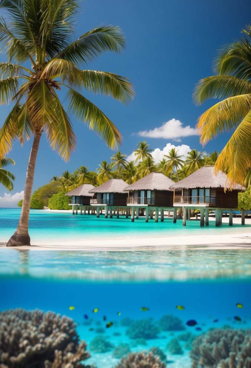 A serene, secluded beach with palm trees, crystal-clear turquoise water, and overwater bungalows on stilts. A colorful coral reef can be seen beneath the surface