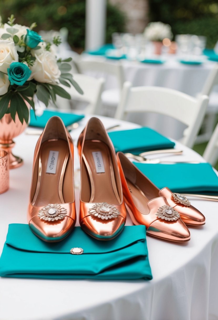 Copper shoes next to teal accessories on a white wedding table