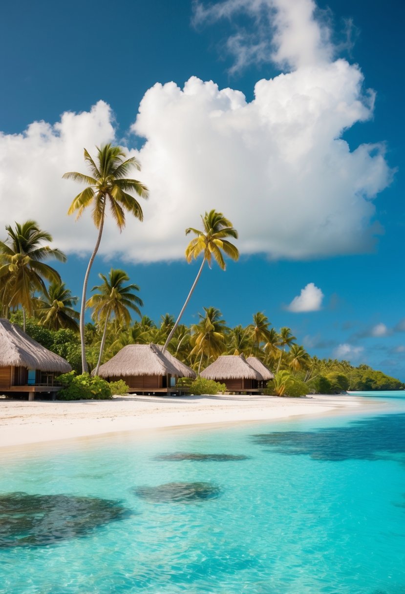 A serene beach with crystal clear turquoise water, palm trees, and overwater bungalows nestled in the lush tropical landscape of Bora Bora