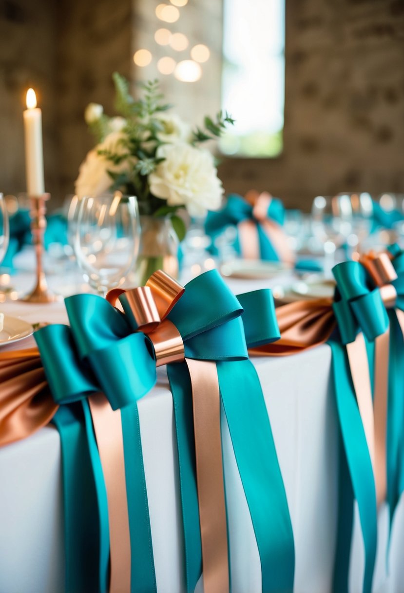 Teal ribbons and copper bows adorn a wedding table, adding a touch of elegance to the decor