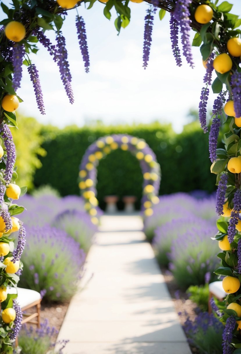 A serene garden with lavender and lemon flowers, intertwined in a wedding archway