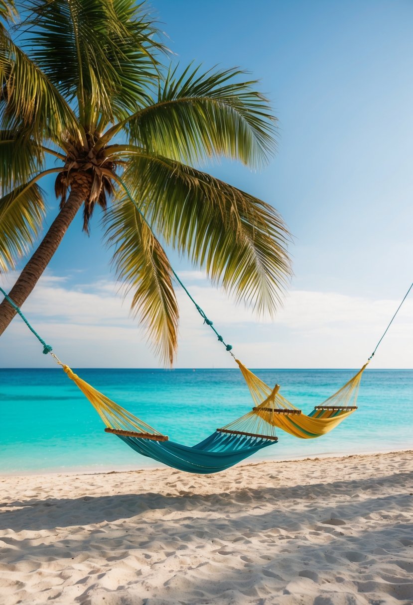 A palm-fringed beach with crystal-clear turquoise water and a couple of hammocks swaying in the gentle breeze