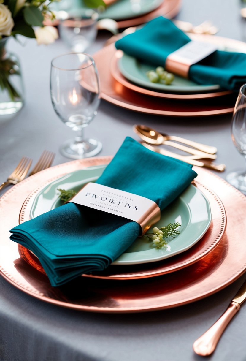 Teal napkins layered on copper place settings for a wedding