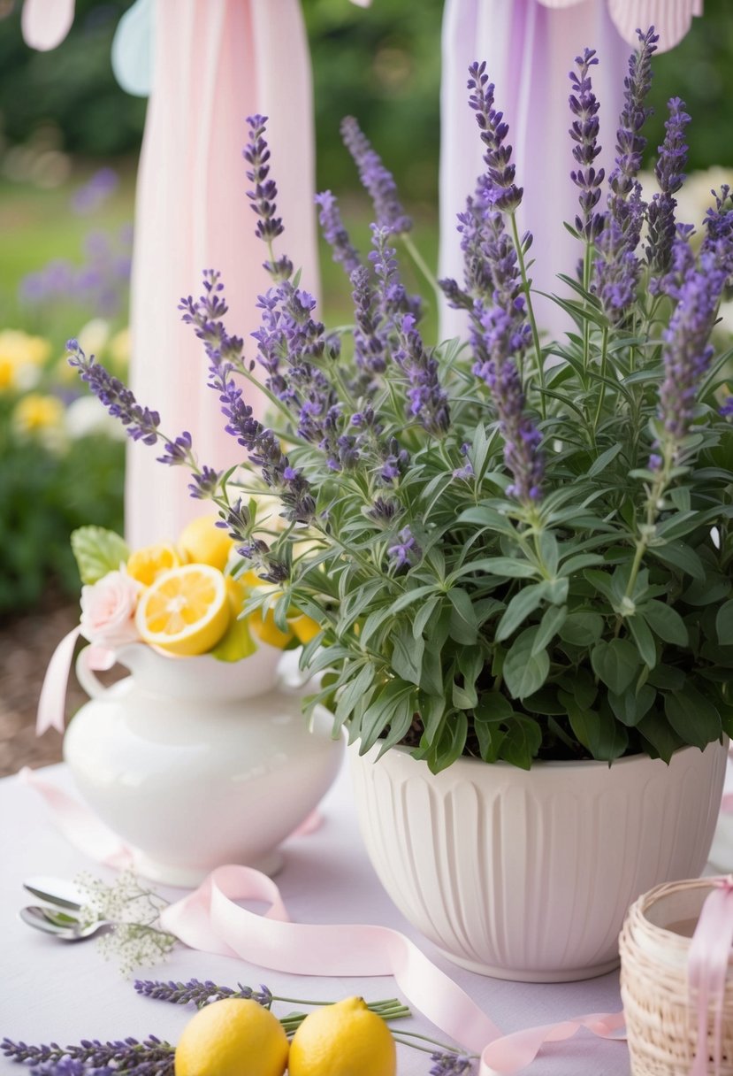 A serene garden with lavender and lemon flowers, surrounded by soft pastel decor and delicate ribbons