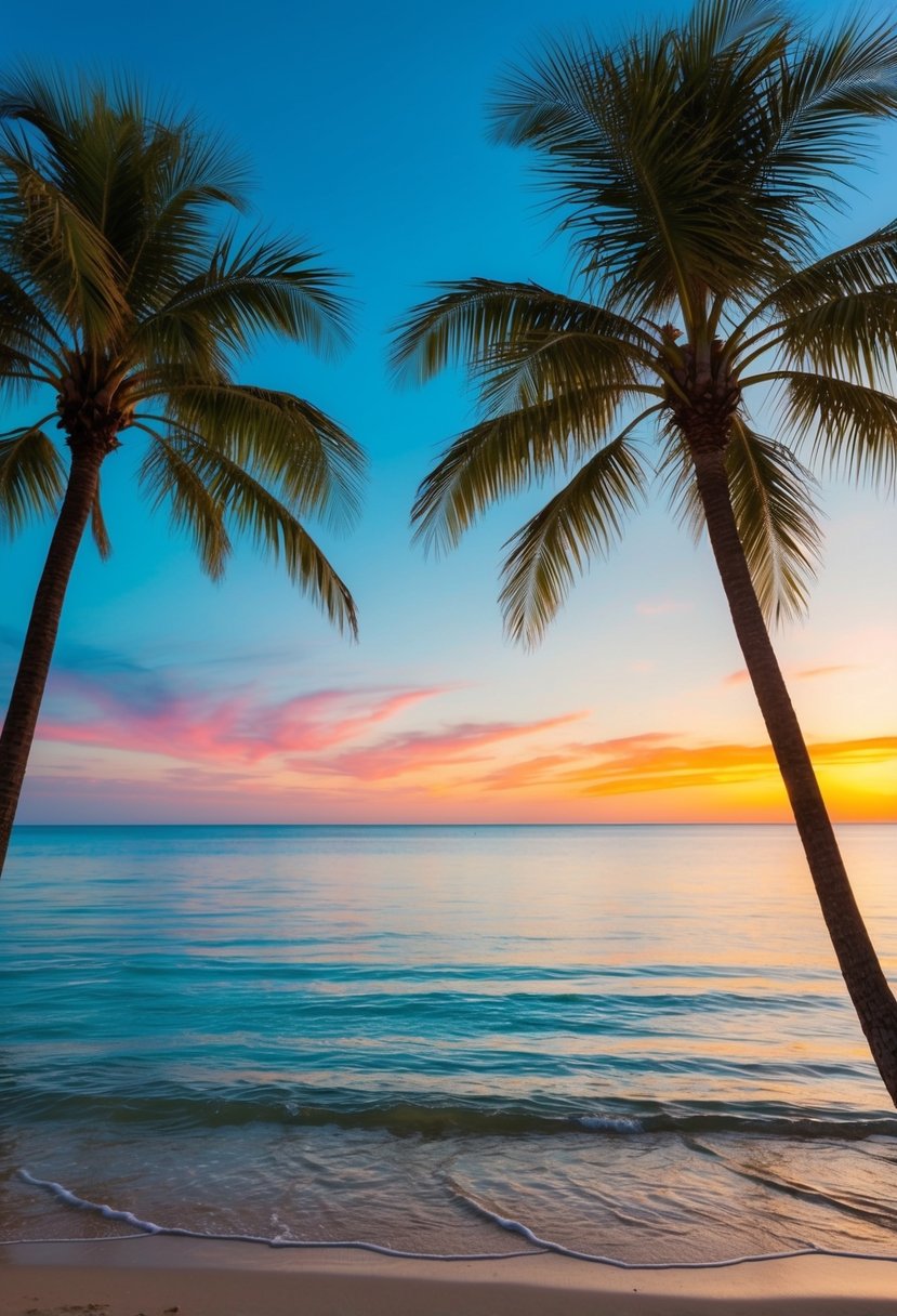 A serene beach with palm trees, clear blue water, and a colorful sunset