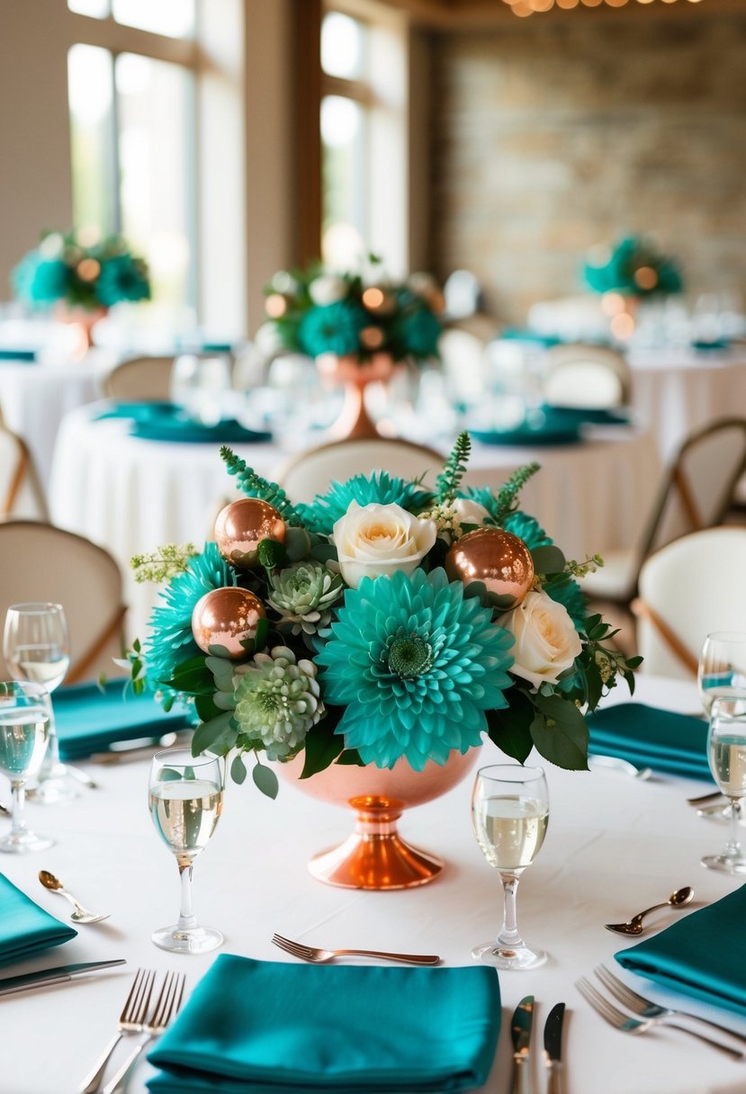 Teal and copper floral centerpieces adorn a wedding reception table, surrounded by matching decor and accents