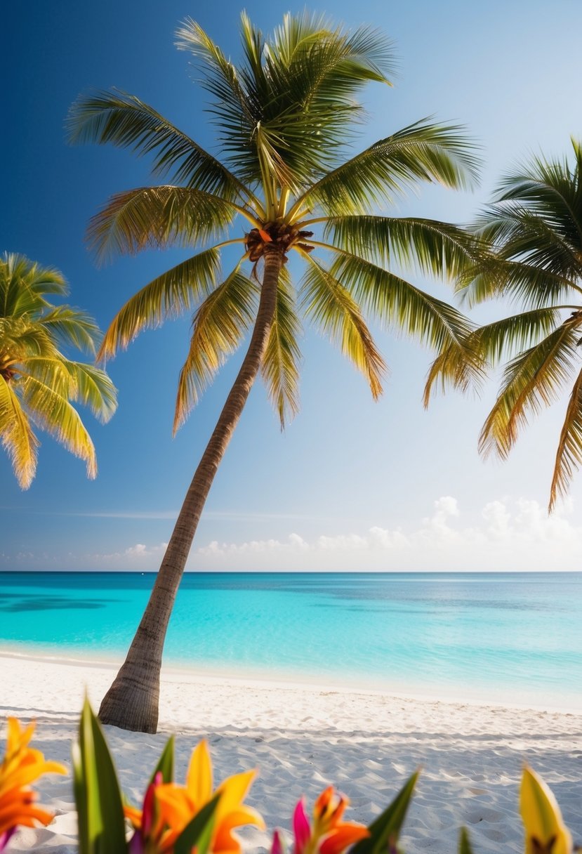 Palm trees sway on white sandy beach with crystal clear blue water and colorful tropical flowers