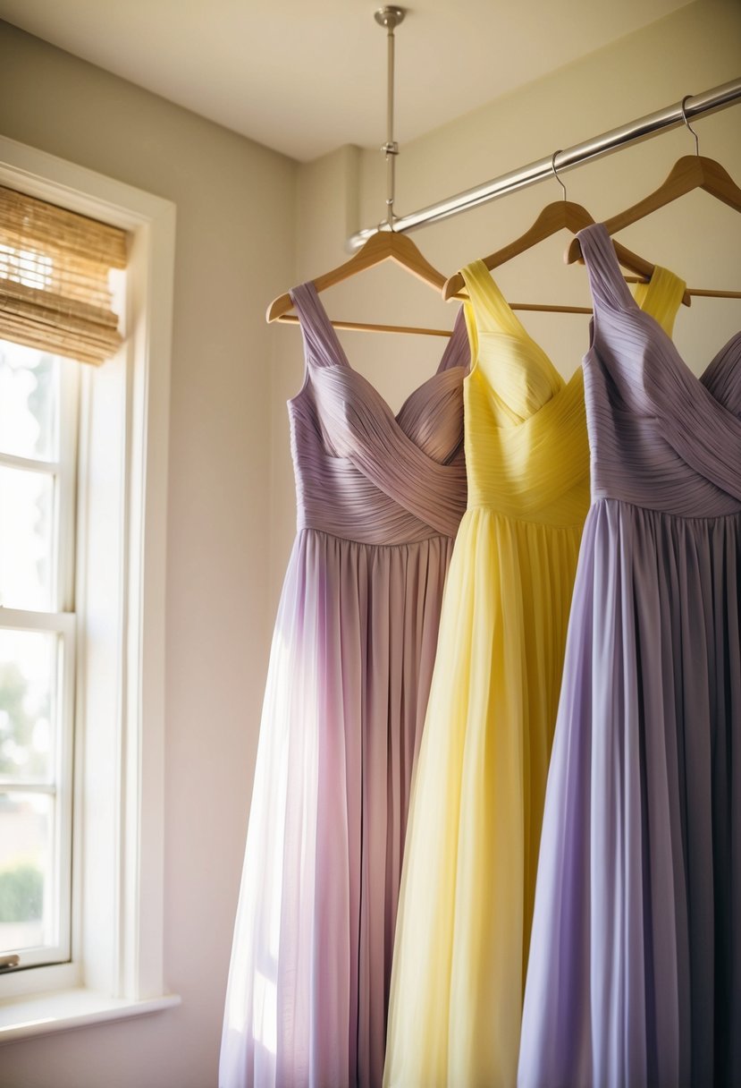 Subtle lavender and lemon bridesmaid dresses hanging in a sunlit room