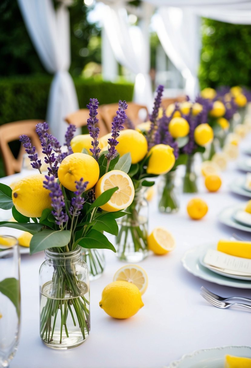 A table adorned with lemon-infused centerpieces, featuring fresh lavender and vibrant yellow lemons, creating a refreshing and elegant wedding color scheme