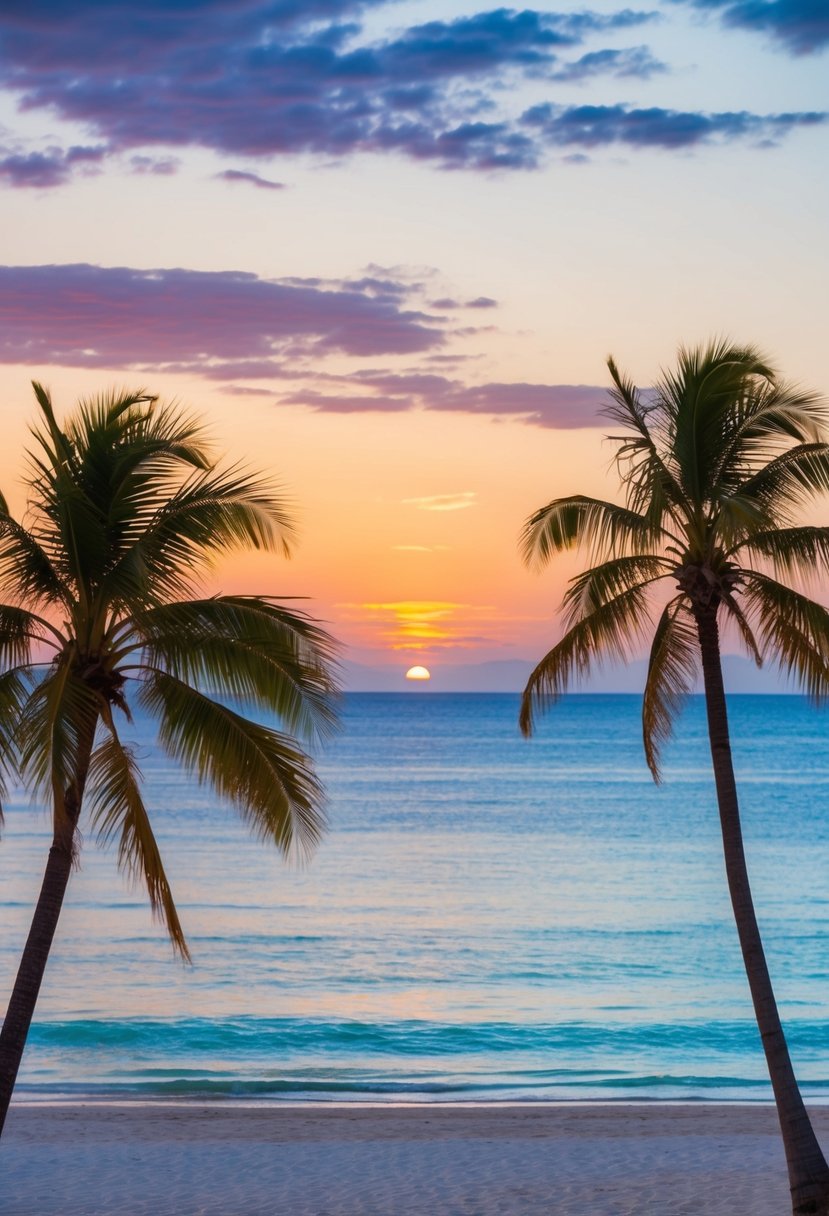 A serene beach with palm trees, crystal-clear waters, and a colorful sunset over the horizon