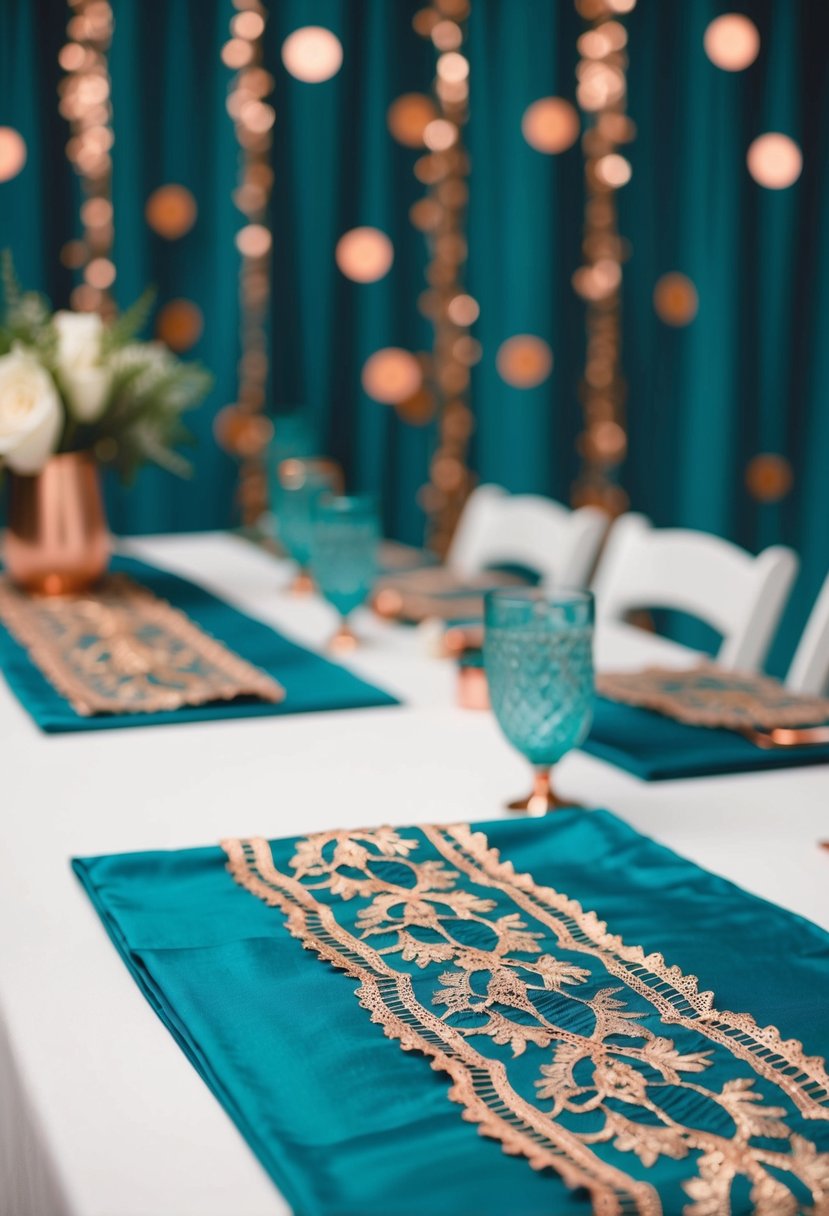 Teal table runners adorned with intricate copper lace, set against a backdrop of teal and copper wedding decor