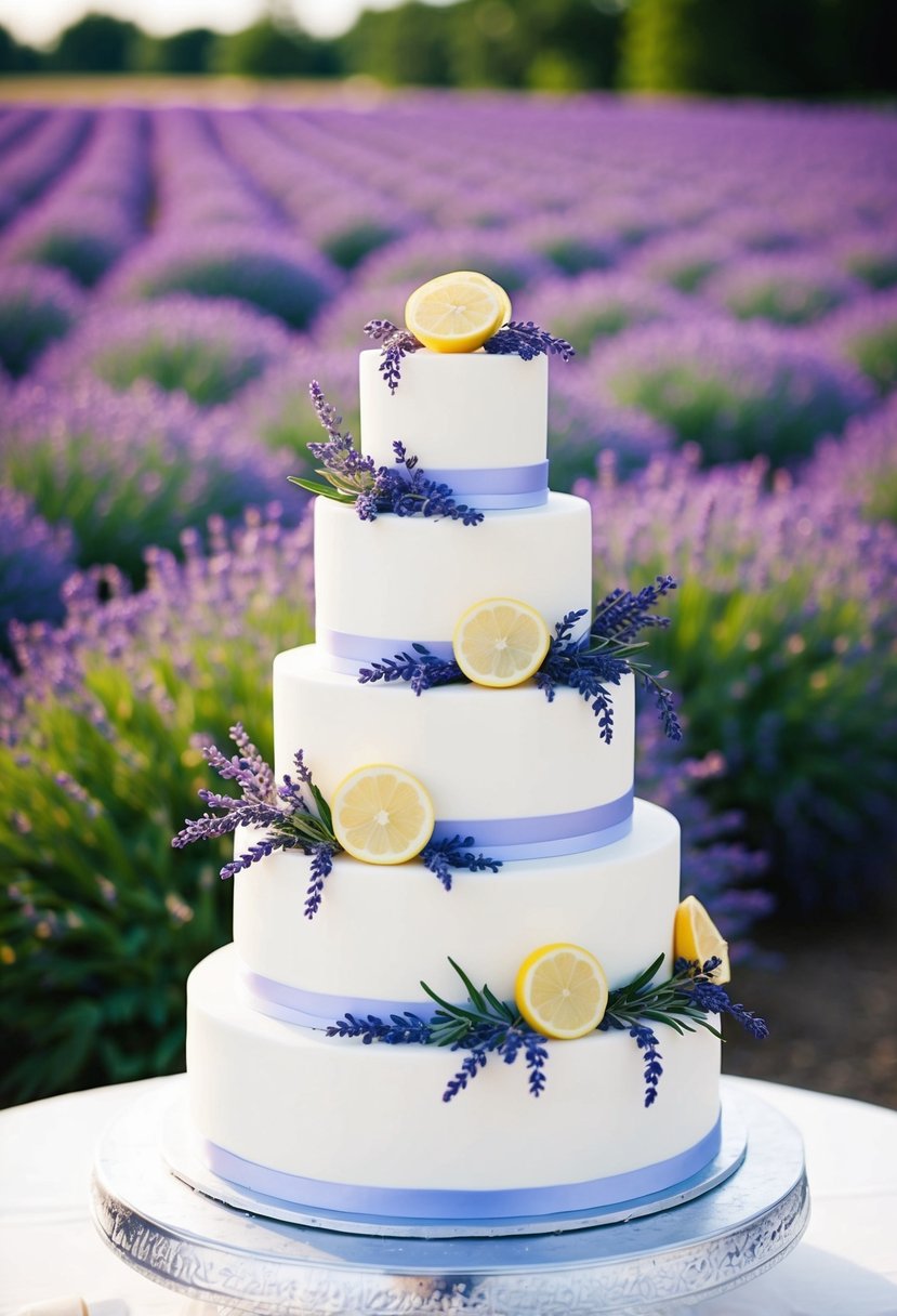 A three-tiered wedding cake adorned with fresh lavender sprigs and lemon slices, set against a backdrop of lavender fields