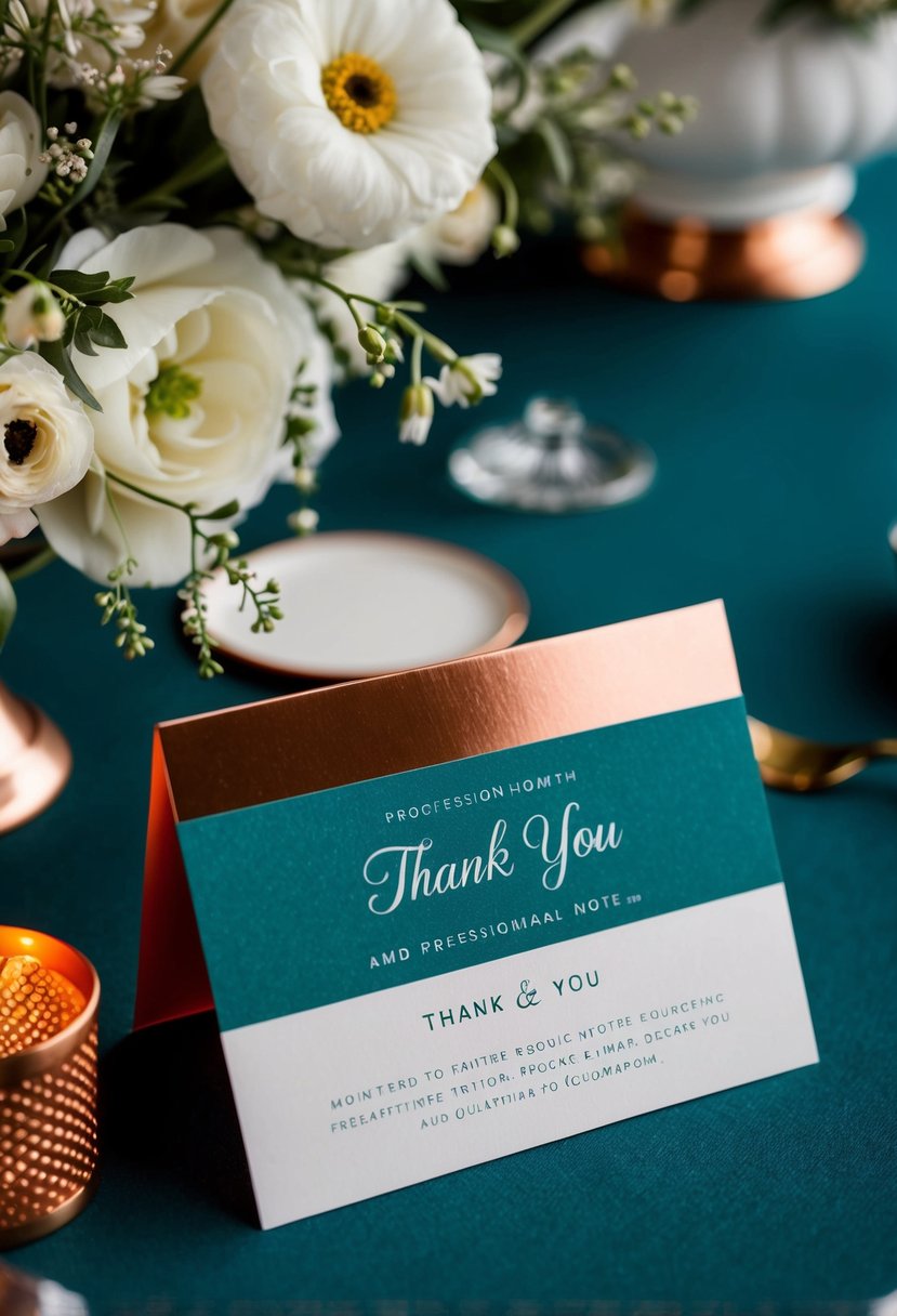 A teal and copper themed thank-you note with elegant wedding decor and floral elements