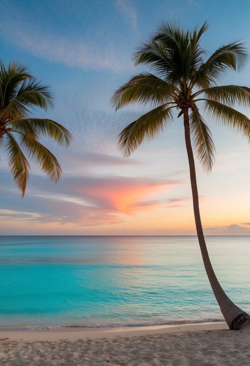 A secluded beach with crystal-clear turquoise waters, palm trees swaying in the gentle breeze, and a colorful sunset painting the sky over the horizon