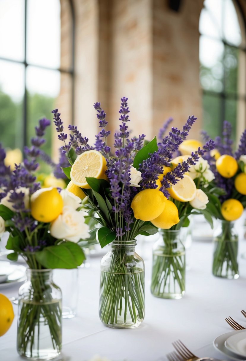 A table adorned with fresh lavender and lemon bouquets, casting a fragrant and colorful display for a wedding celebration