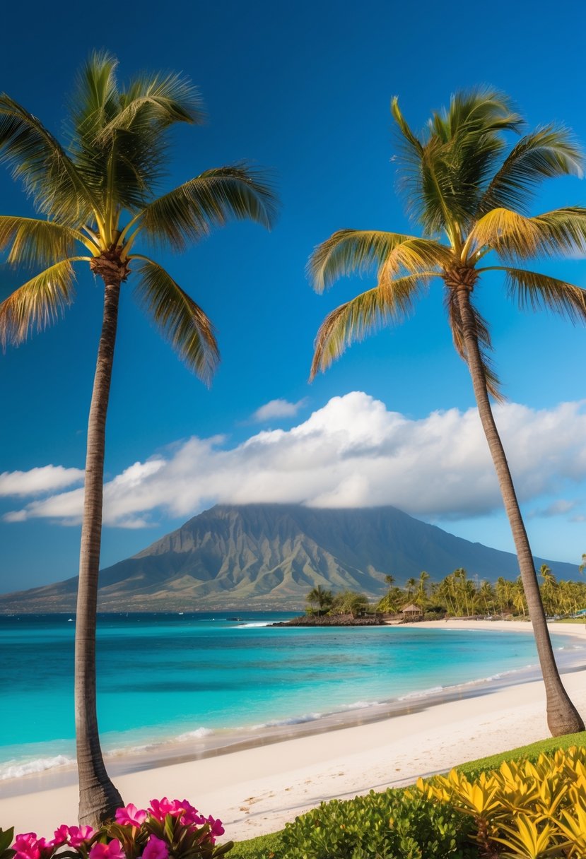 Lush palm trees and white sandy beaches line the turquoise waters of Maui, with a backdrop of volcanic mountains and colorful tropical flowers