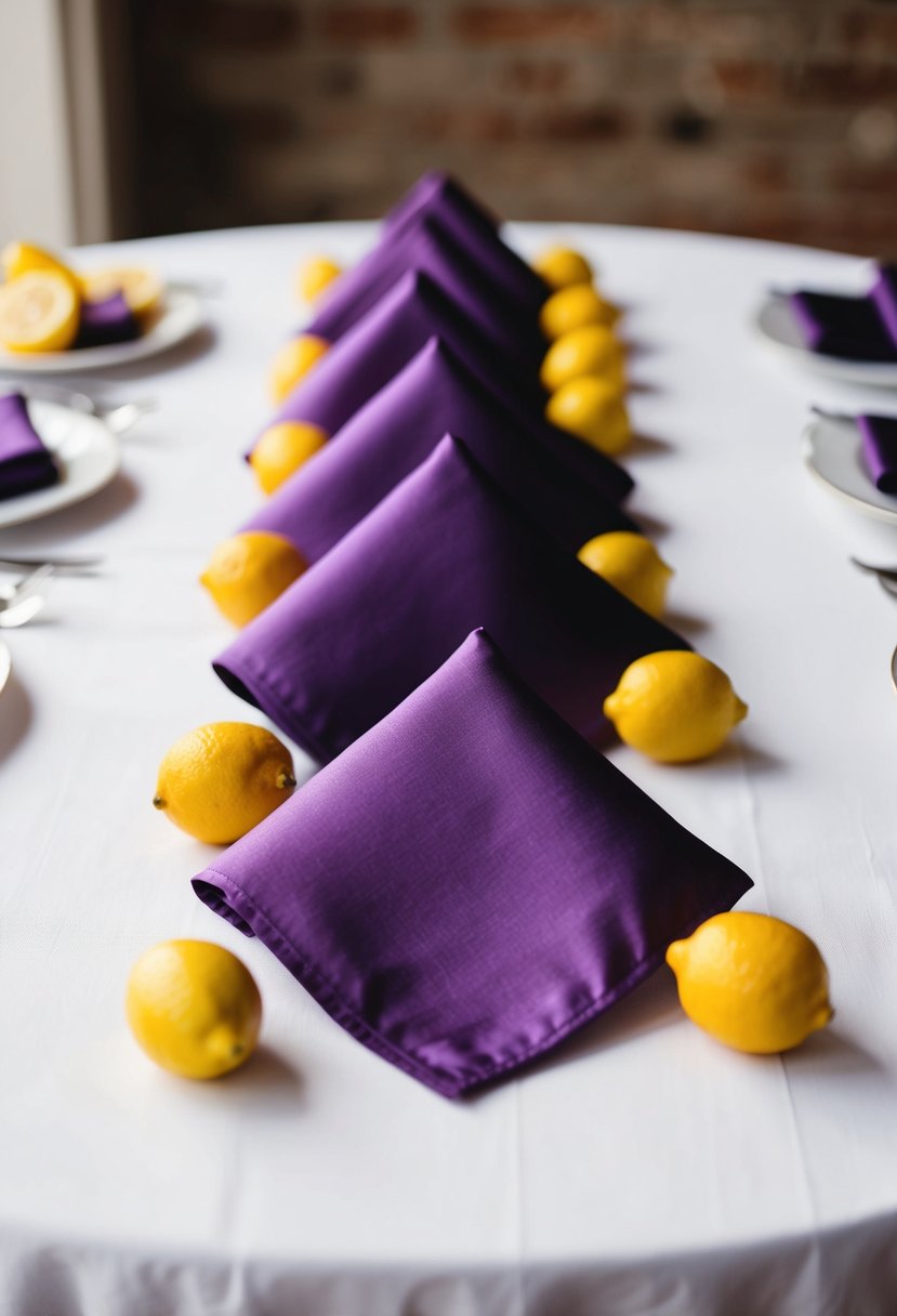 Lavender pocket squares arranged with lemon accents on a white tablecloth