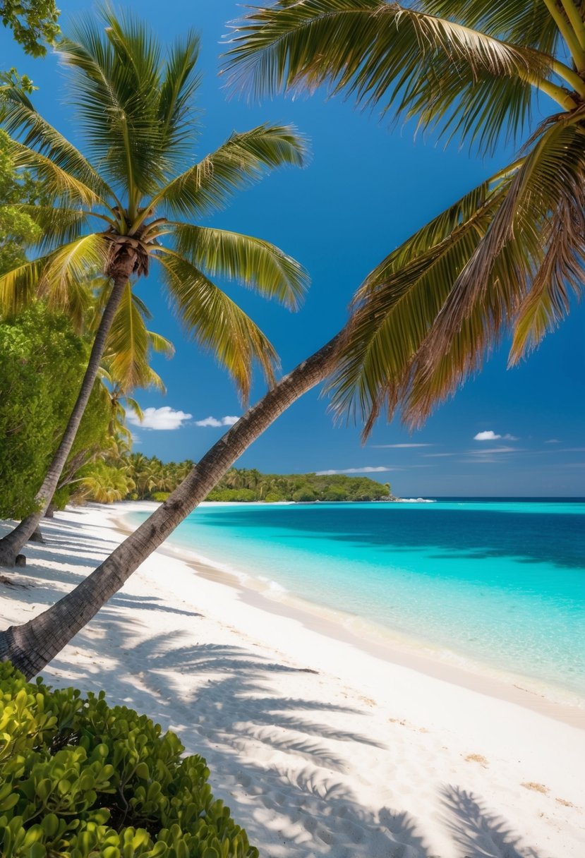 Palm-lined beach with crystal-clear water, white sand, and colorful coral reefs, set against a backdrop of lush greenery and clear blue skies