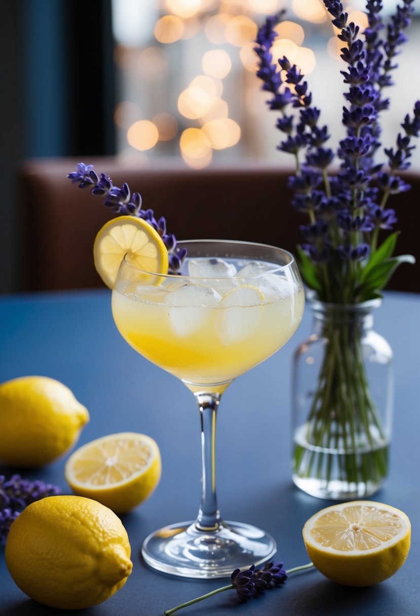 A glass of lemon-themed cocktail surrounded by lavender flowers and lemon slices on a table