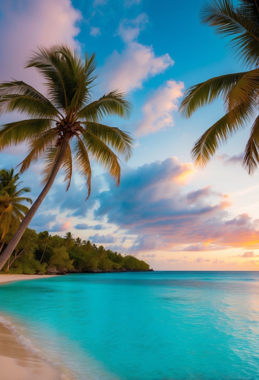 A tranquil beach with crystal-clear turquoise waters, palm trees swaying in the gentle breeze, and a colorful sunset over the Cook Islands